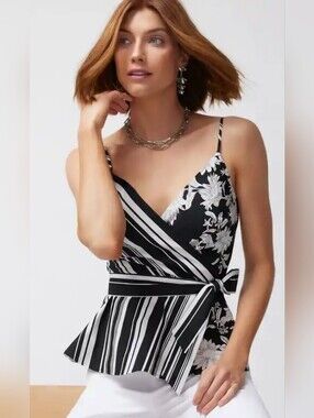 White House Black Market Mixed Print Surplice Top Stripes Floral, Size 8 NWT